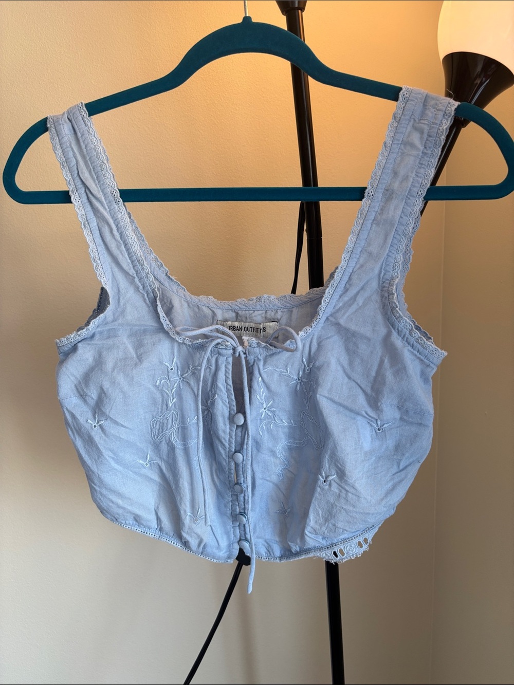 Urban Outfitters Light Blue Embroidered Button-Front Crop Top Tank Top